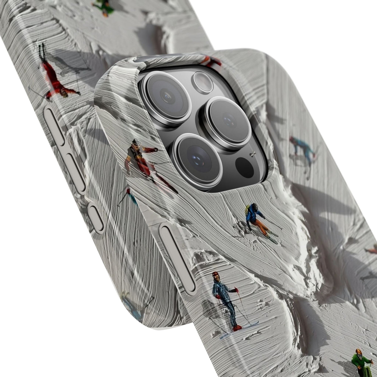 Slim Phone Case — Miniature Skiers on Textured Snowphone Art