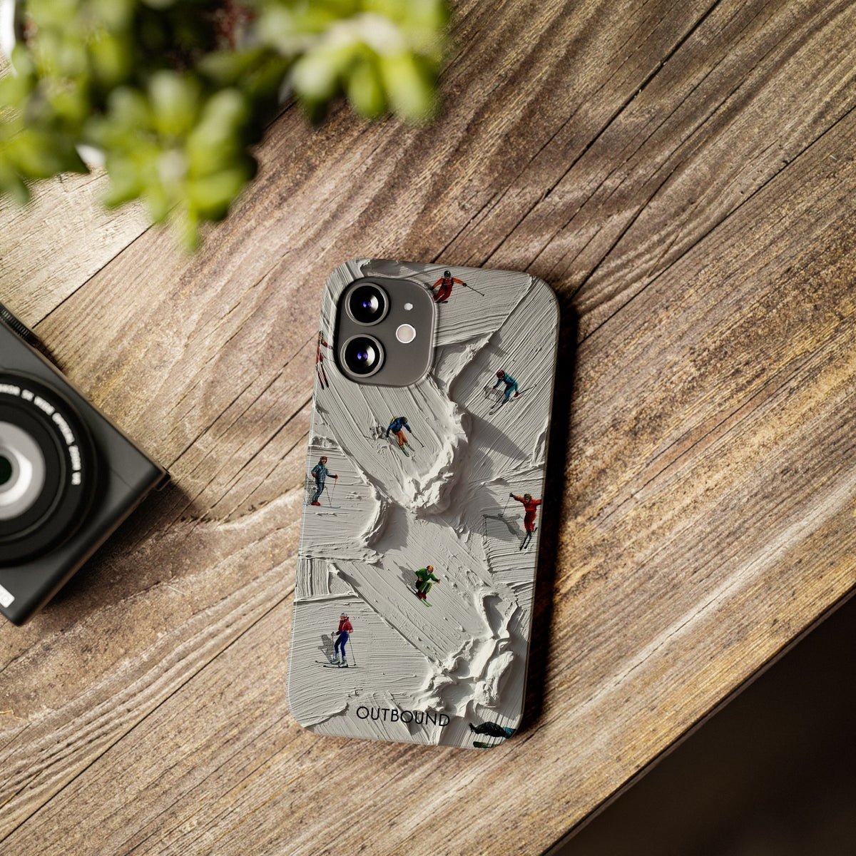 Slim Phone Case — Miniature Skiers on Textured Snowphone Art