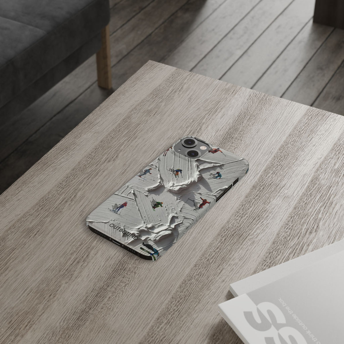 Slim Phone Case — Miniature Skiers on Textured Snowphone Art