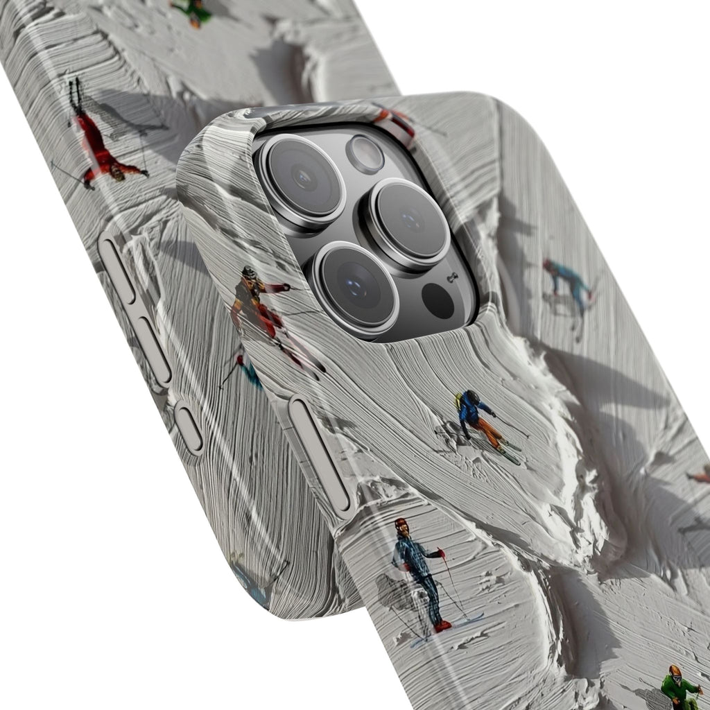 Slim Phone Case — Miniature Skiers on Textured Snowphone Art