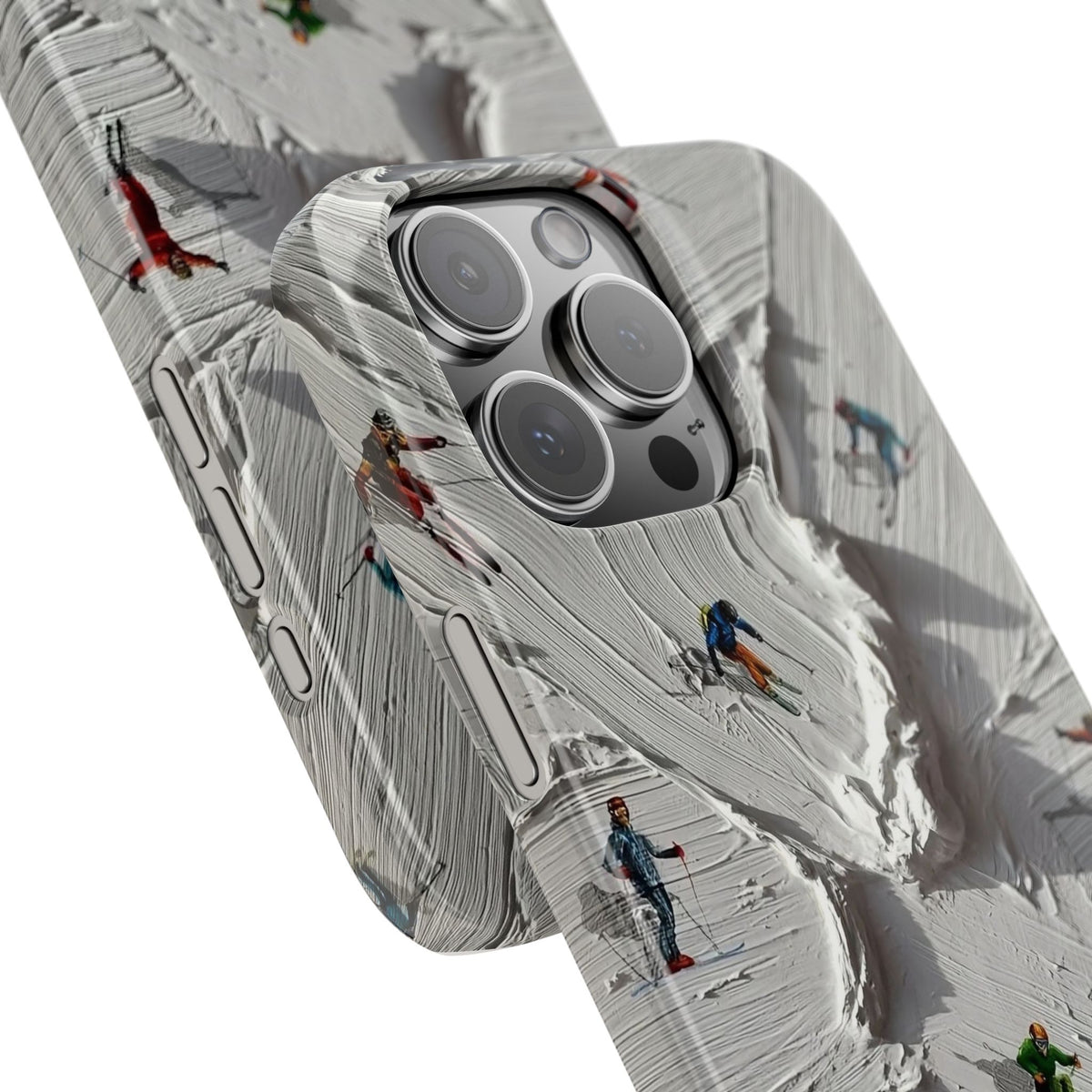 Slim Phone Case — Miniature Skiers on Textured Snowphone Art