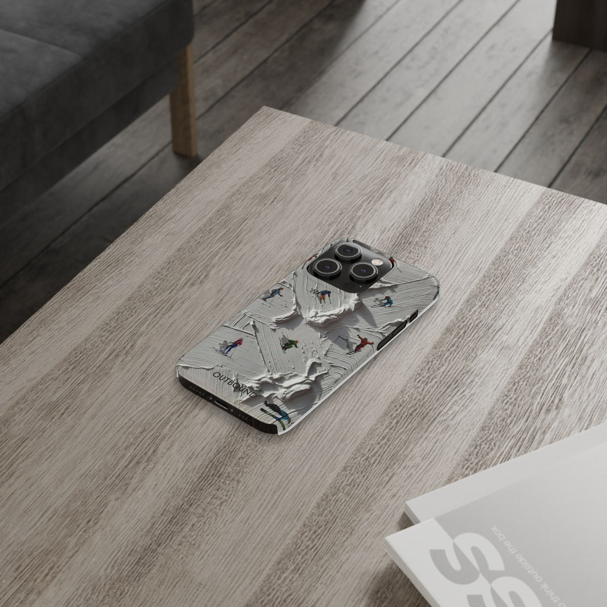Slim Phone Case — Miniature Skiers on Textured Snowphone Art
