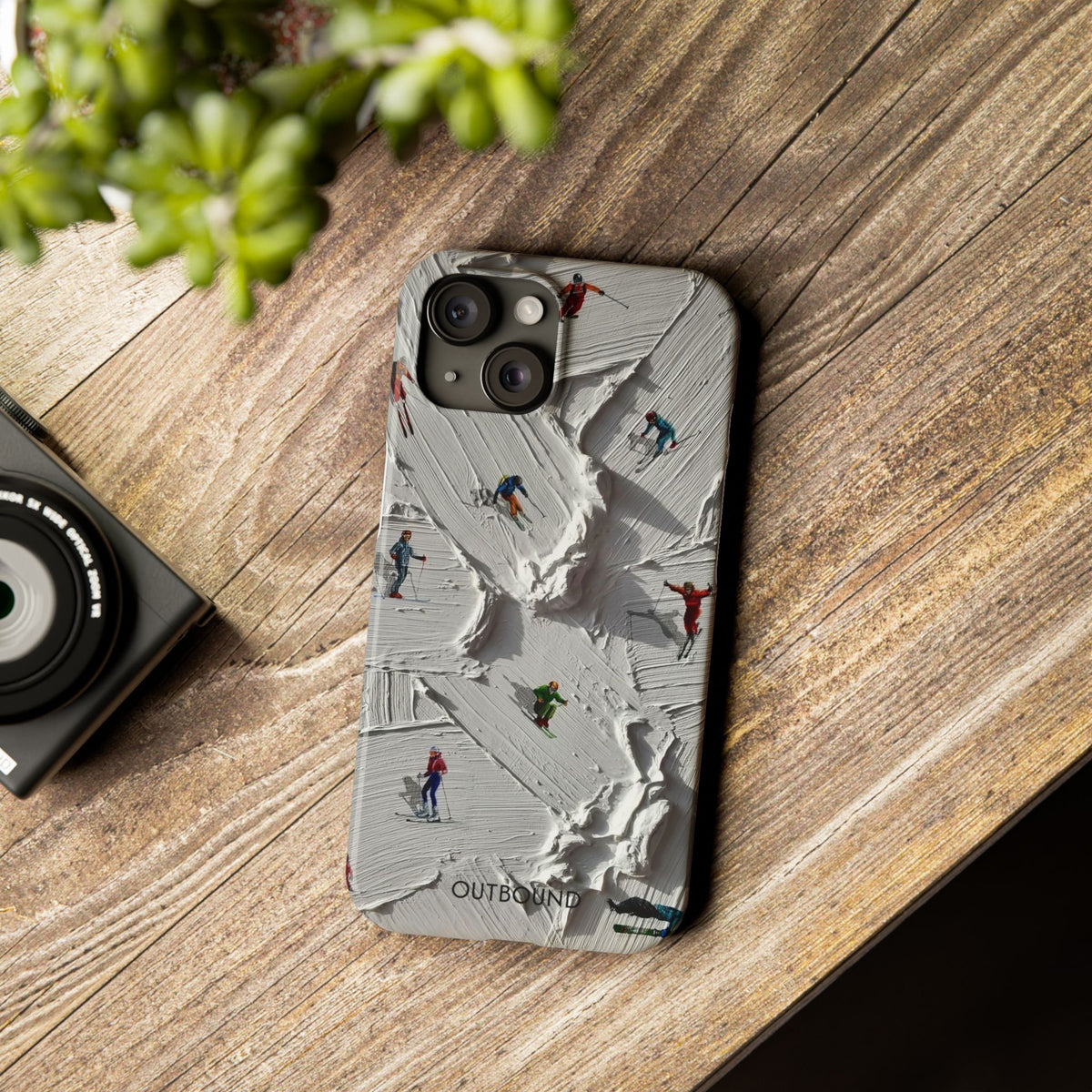 Slim Phone Case — Miniature Skiers on Textured Snowphone Art