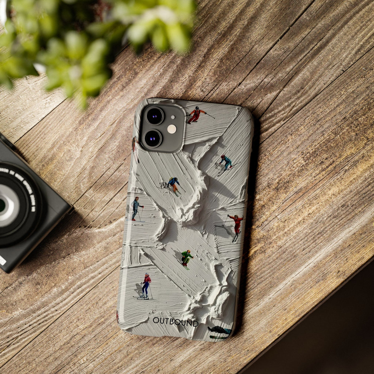 Slim Phone Case — Miniature Skiers on Textured Snowphone Art