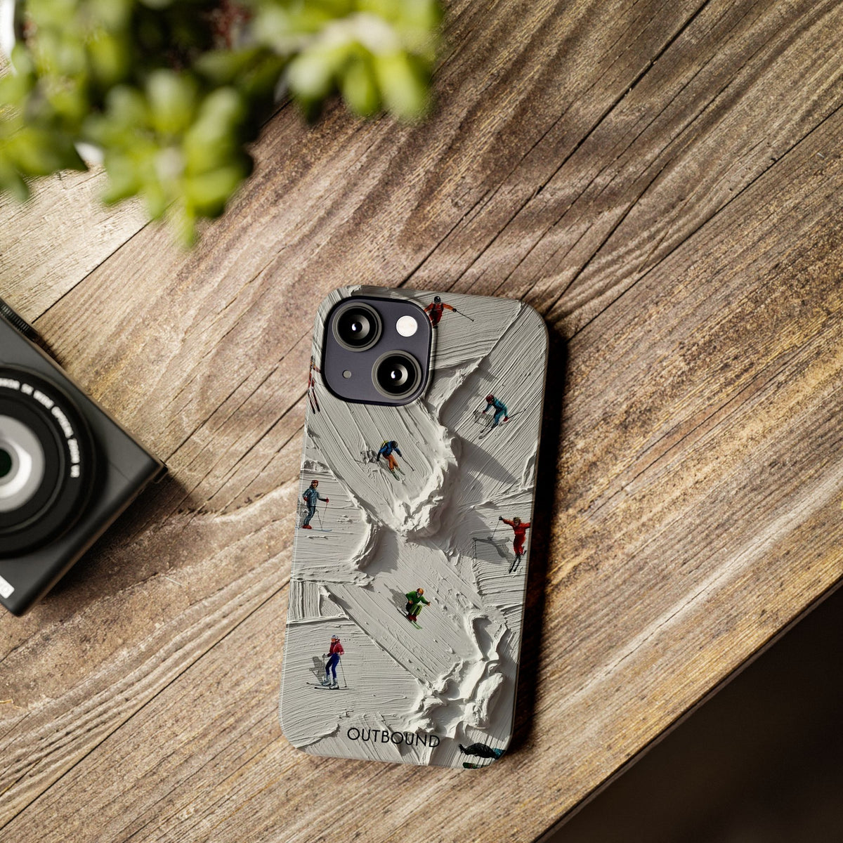 Slim Phone Case — Miniature Skiers on Textured Snowphone Art